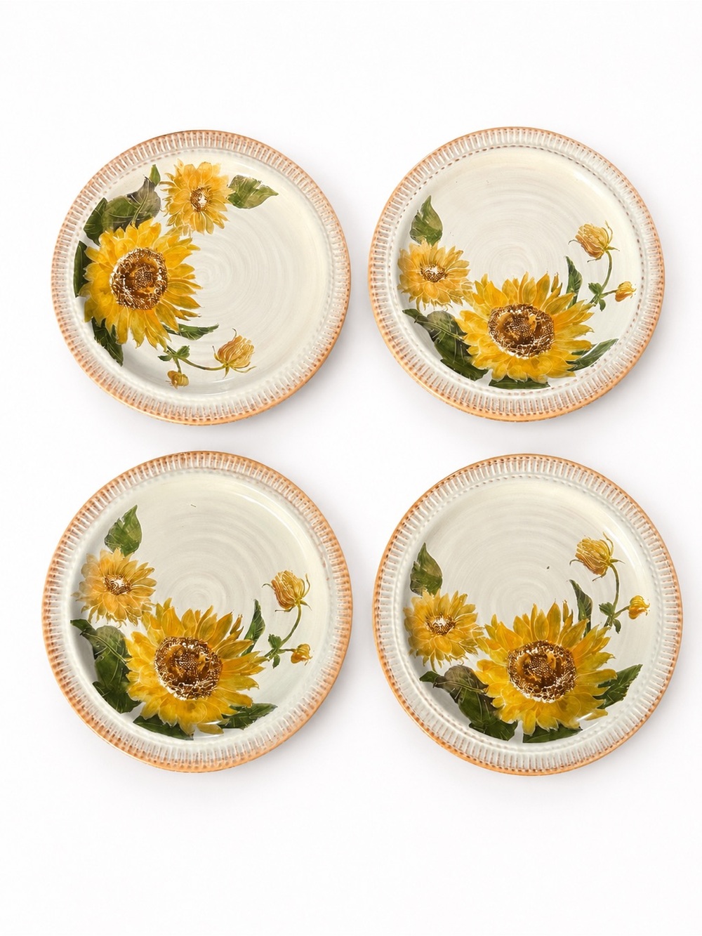 Pottery Barn **SET OF 4** Sunflower Luncheon Dinner Plates 9.5” Hand-Painted